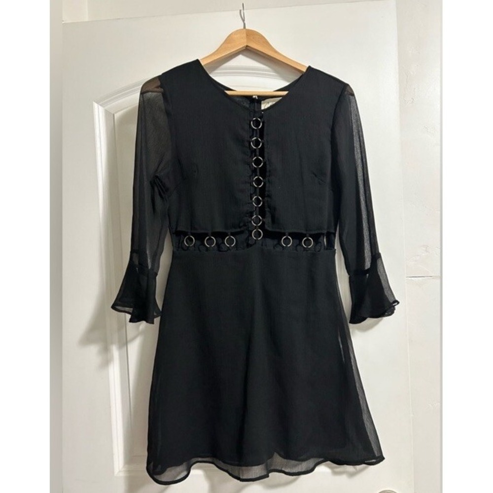 Cleobella Black Ring Cutout Mini Dress Sheer Bell Sleeve Small LBD Boho Edgy